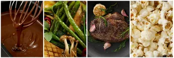 Collage mit geschmackvoll präsentiertem Essen, mit Fleisch, Gemüse, Popcorn und einer Soße.